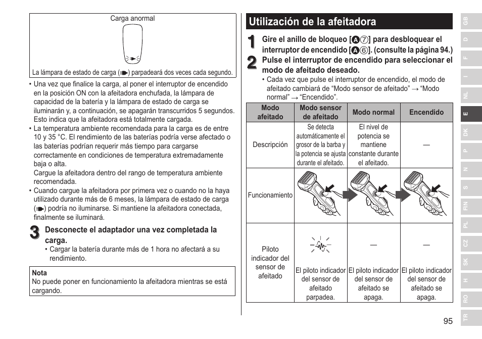 Utilización de la afeitadora | Panasonic ESLV65 User Manual | Page 95 / 282