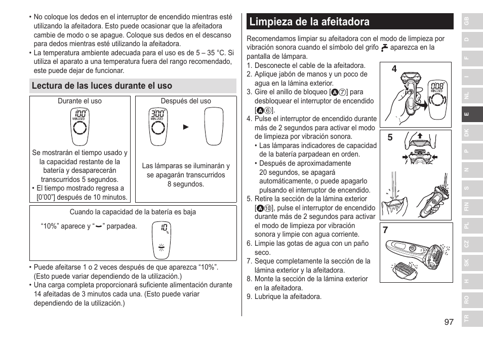 Limpieza de la afeitadora, Lectura de las luces durante el uso | Panasonic ESLV65 User Manual | Page 97 / 282