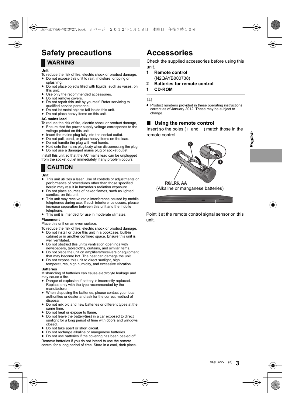 Accessories, Safety precautions, Warning | Caution, Using the remote control | Panasonic DMPBD77EG User Manual | Page 3 / 112