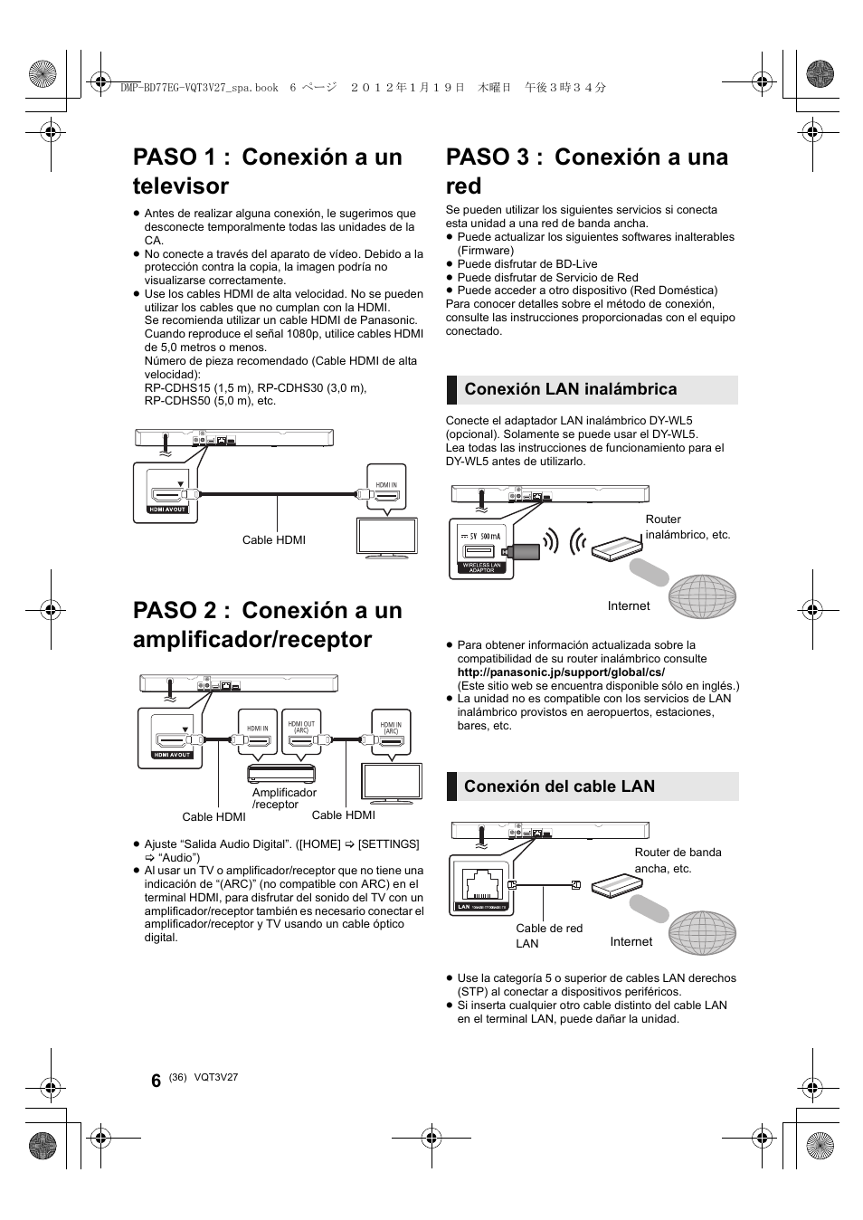 Paso 1 : conexión a un televisor, Paso 2 : conexión a un amplificador/receptor, Paso 3 : conexión a una red | Conexión lan inalámbrica conexión del cable lan | Panasonic DMPBD77EG User Manual | Page 36 / 112