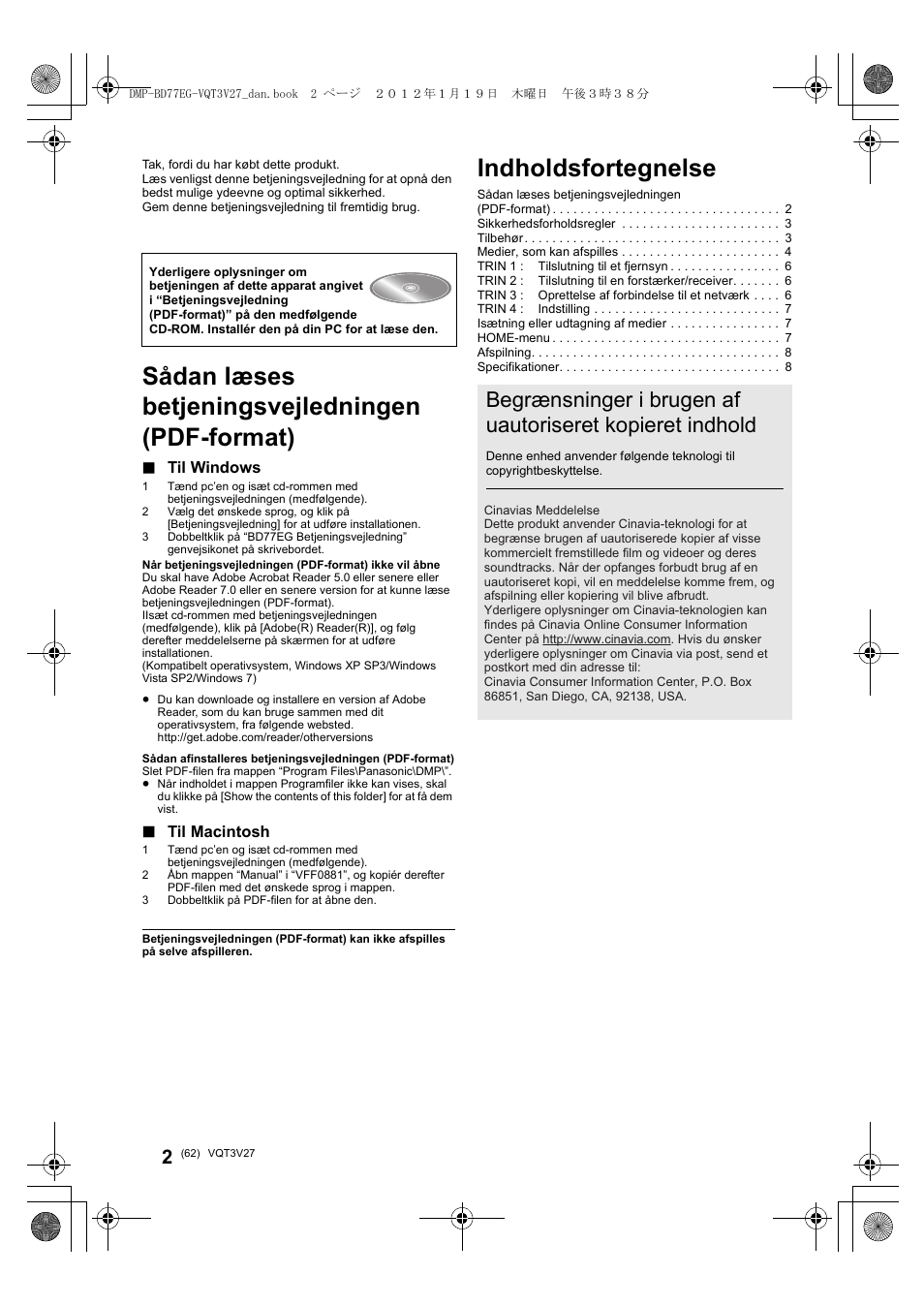 Indholdsfortegnelse, Sådan læses betjeningsvejledningen (pdf-format), Til windows | Til macintosh | Panasonic DMPBD77EG User Manual | Page 62 / 112