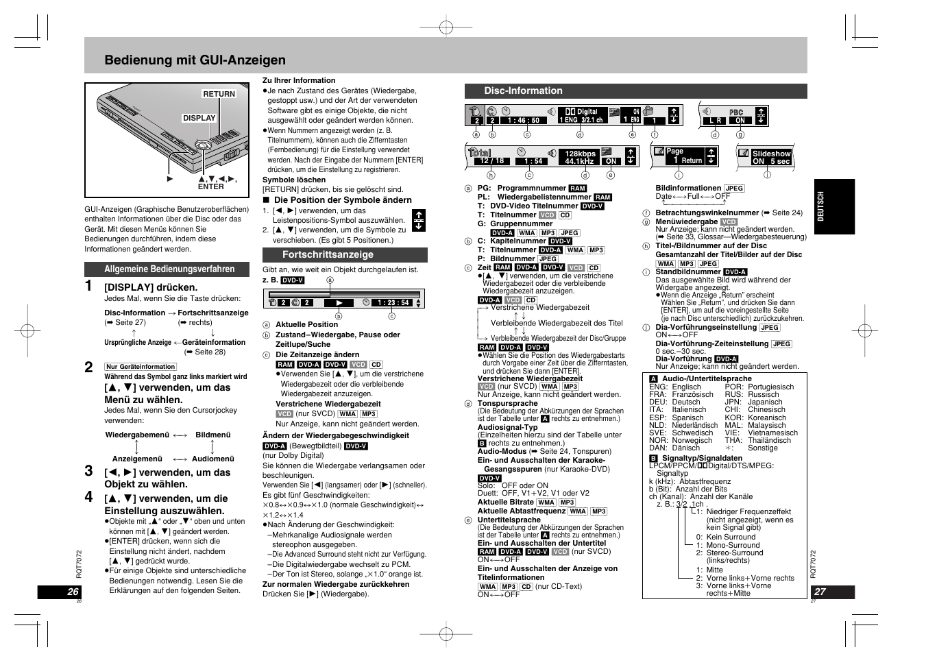 En te r vol aud io opt ou open chg í en te r, Bedienung mit gui-anzeigen | Panasonic DVDLS5 User Manual | Page 14 / 37