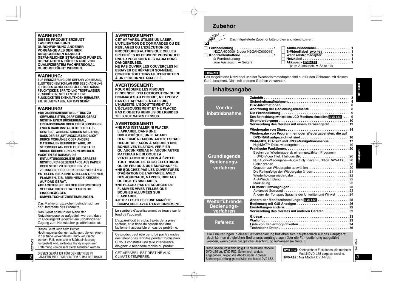 Zubehör, Inhaltsangabe, Weiterführende bedienungs- verfahren referenz | Panasonic DVDLS5 User Manual | Page 2 / 37