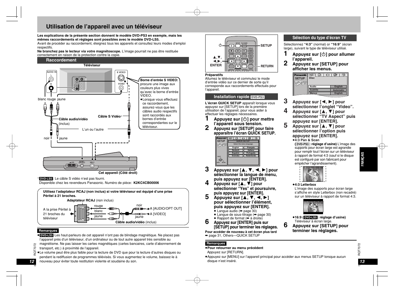 Utilisation de l’appareil avec un téléviseur | Panasonic DVDLS5 User Manual | Page 24 / 37