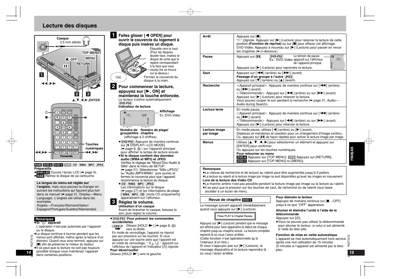 Enter vol audi opt o open chg í enter, Lecture des disques | Panasonic DVDLS5 User Manual | Page 25 / 37