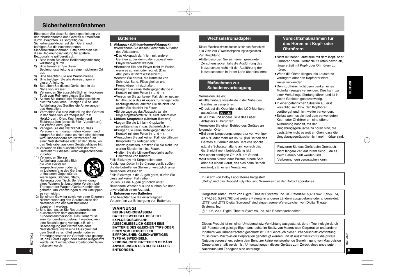 Sicherheitsmaßnahmen | Panasonic DVDLS5 User Manual | Page 3 / 37