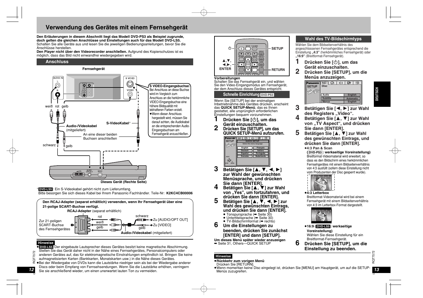 Verwendung des gerätes mit einem fernsehgerät | Panasonic DVDLS5 User Manual | Page 7 / 37