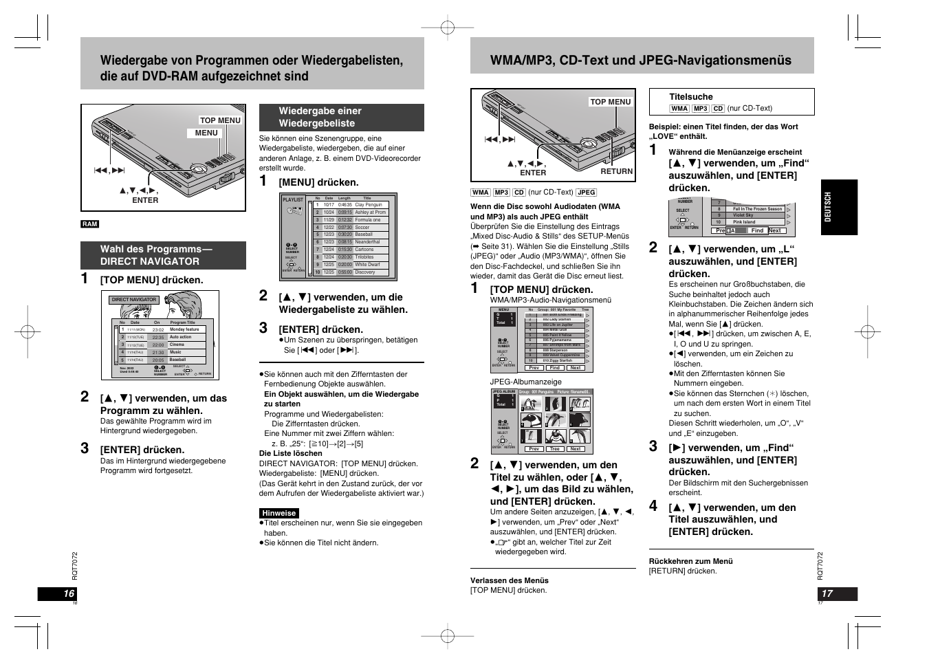 En te r vol aud io opt ou t open chg í en te r, Wma/mp3, cd-text und jpeg-navigationsmenüs | Panasonic DVDLS5 User Manual | Page 9 / 37