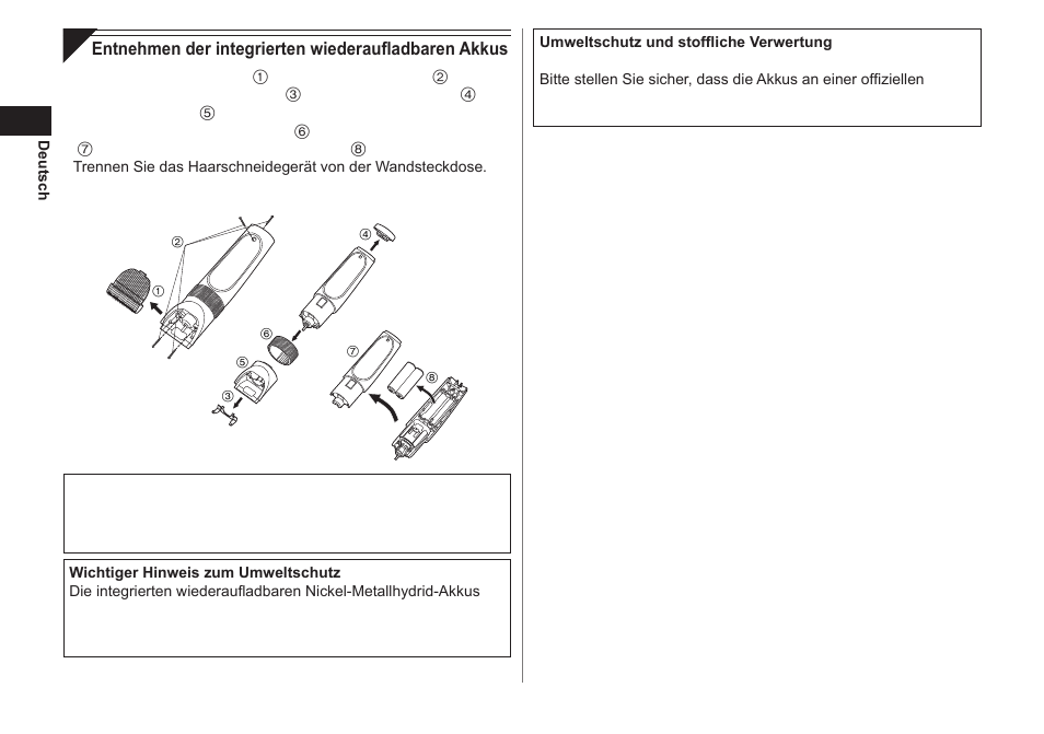 Entnehmen der integrierten wiederaufladbaren akkus | Panasonic ER1511 User Manual | Page 12 / 104