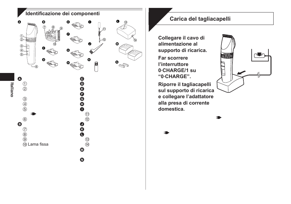 Carica, Carica del tagliacapelli | Panasonic ER1511 User Manual | Page 20 / 104