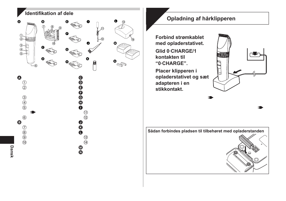 Opladning, Opladning af hårklipperen | Panasonic ER1511 User Manual | Page 36 / 104