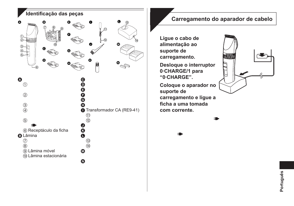 Carga, Carregamento do aparador de cabelo | Panasonic ER1511 User Manual | Page 41 / 104