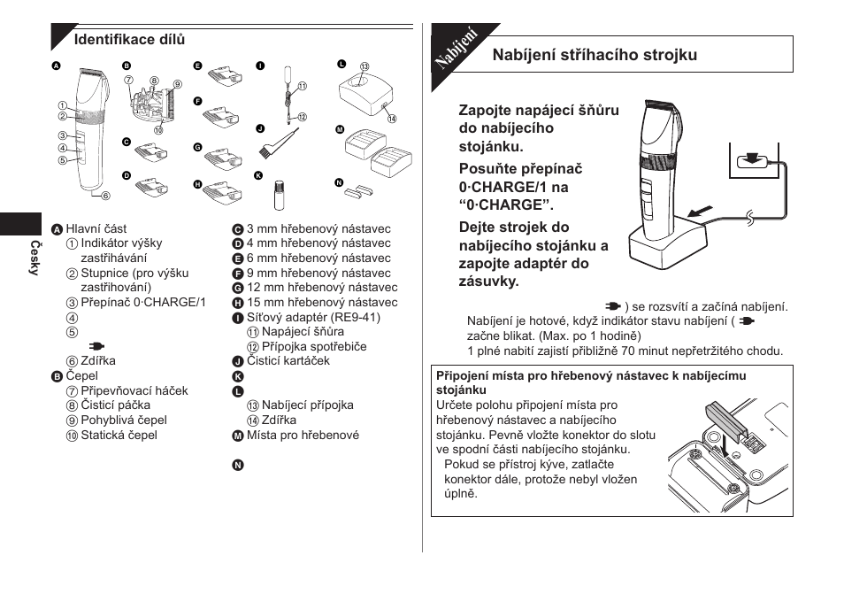 Nabíjení, Nabíjení stříhacího strojku | Panasonic ER1511 User Manual | Page 66 / 104