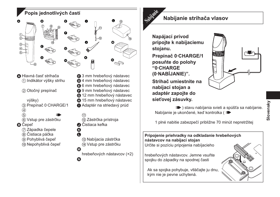 Nabíjanie, Nabíjanie strihača vlasov | Panasonic ER1511 User Manual | Page 71 / 104