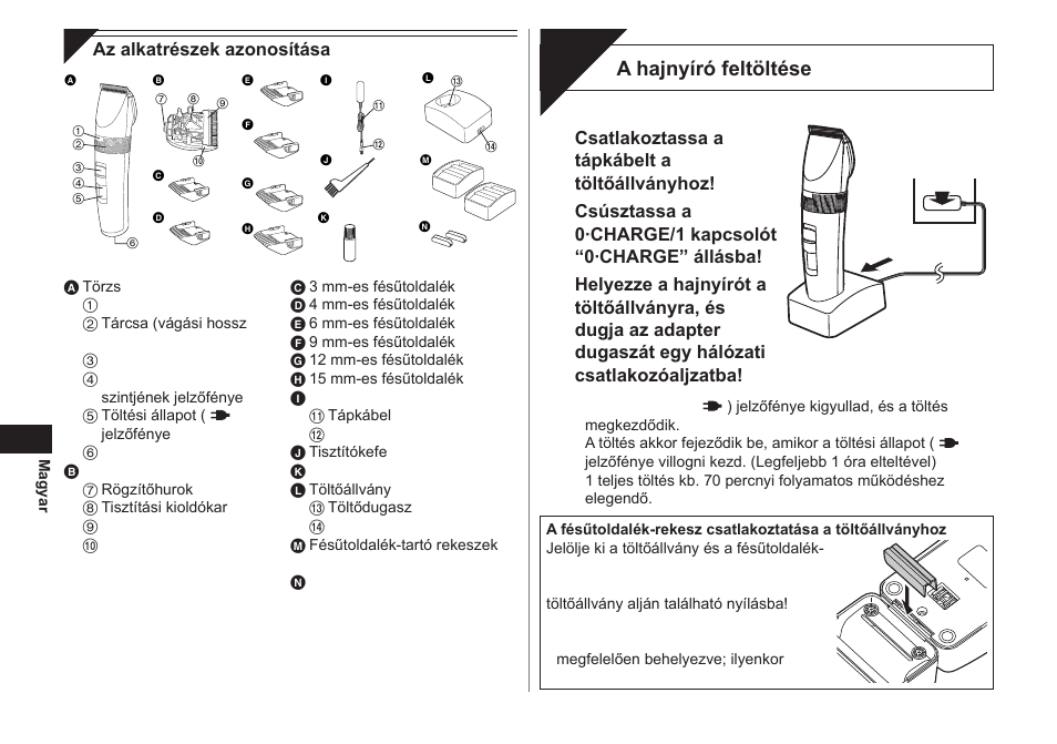 Töltés, A hajnyíró feltöltése | Panasonic ER1511 User Manual | Page 76 / 104