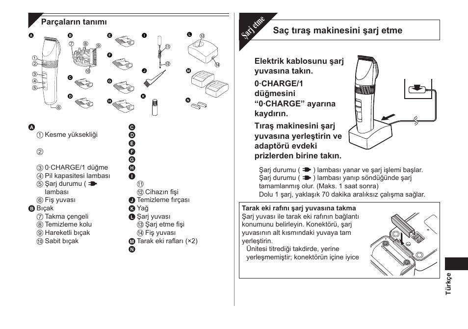 Şarj etme, Saç tıraş makinesini şarj etme | Panasonic ER1511 User Manual | Page 87 / 104