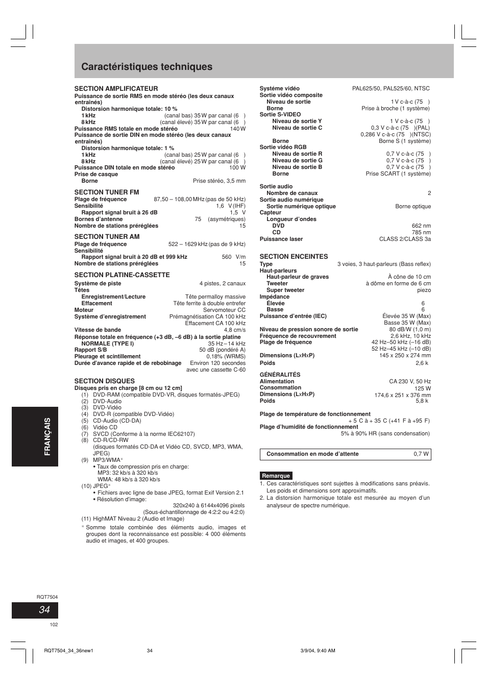 Caractéristiques techniques | Panasonic SCPM39D User Manual | Page 102 / 104