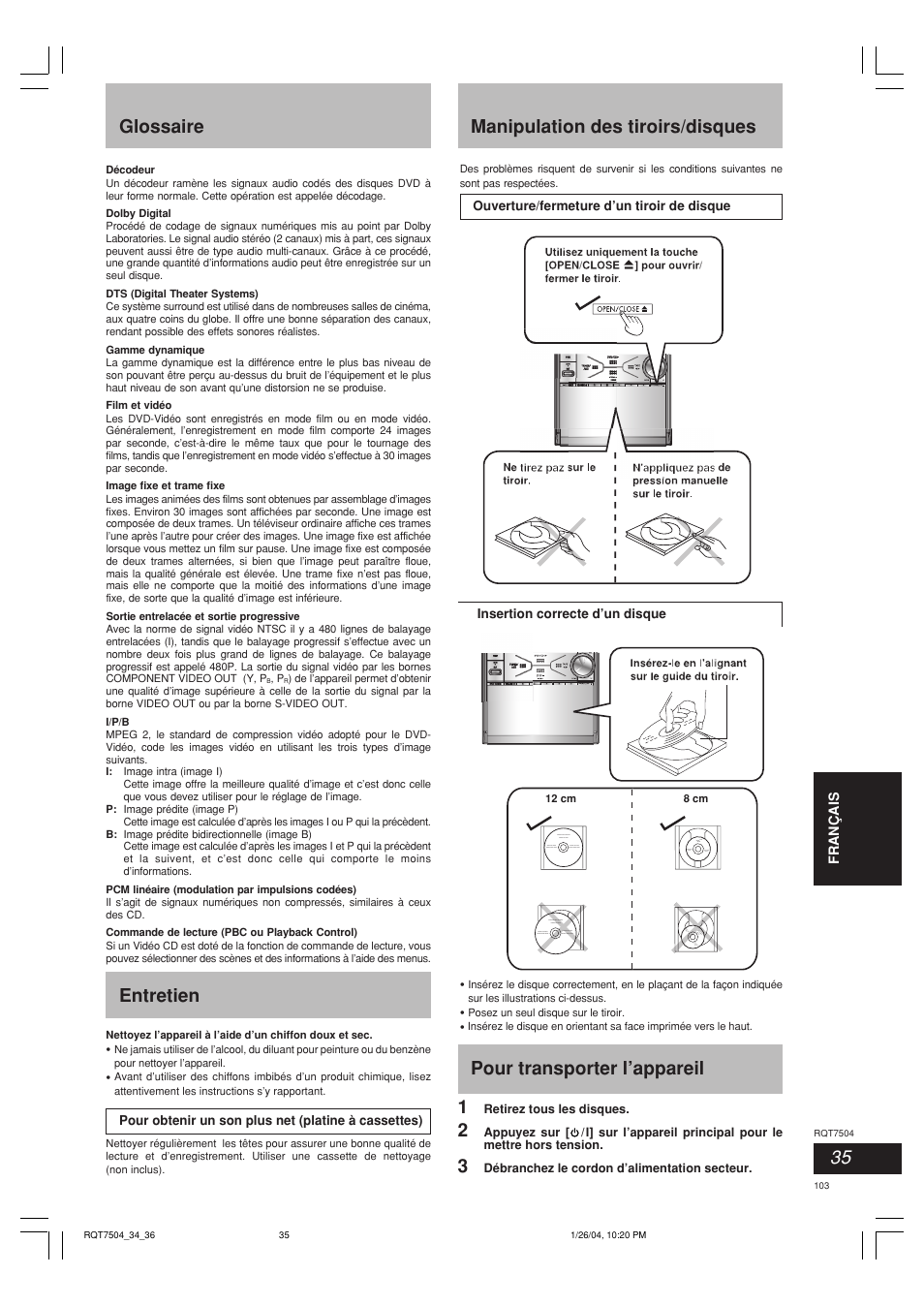 Manipulation des tiroirs/disques, Glossaire entretien, Pour transporter l’appareil 1 | Panasonic SCPM39D User Manual | Page 103 / 104