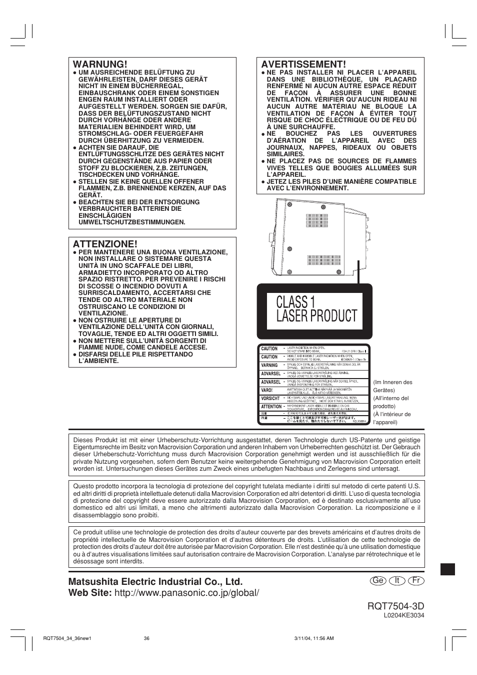 Warnung, Avertissement, Attenzione | Panasonic SCPM39D User Manual | Page 104 / 104