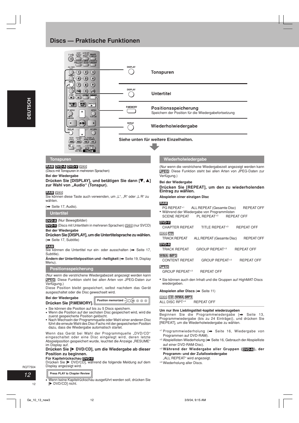 Discs — praktische funktionen | Panasonic SCPM39D User Manual | Page 12 / 104
