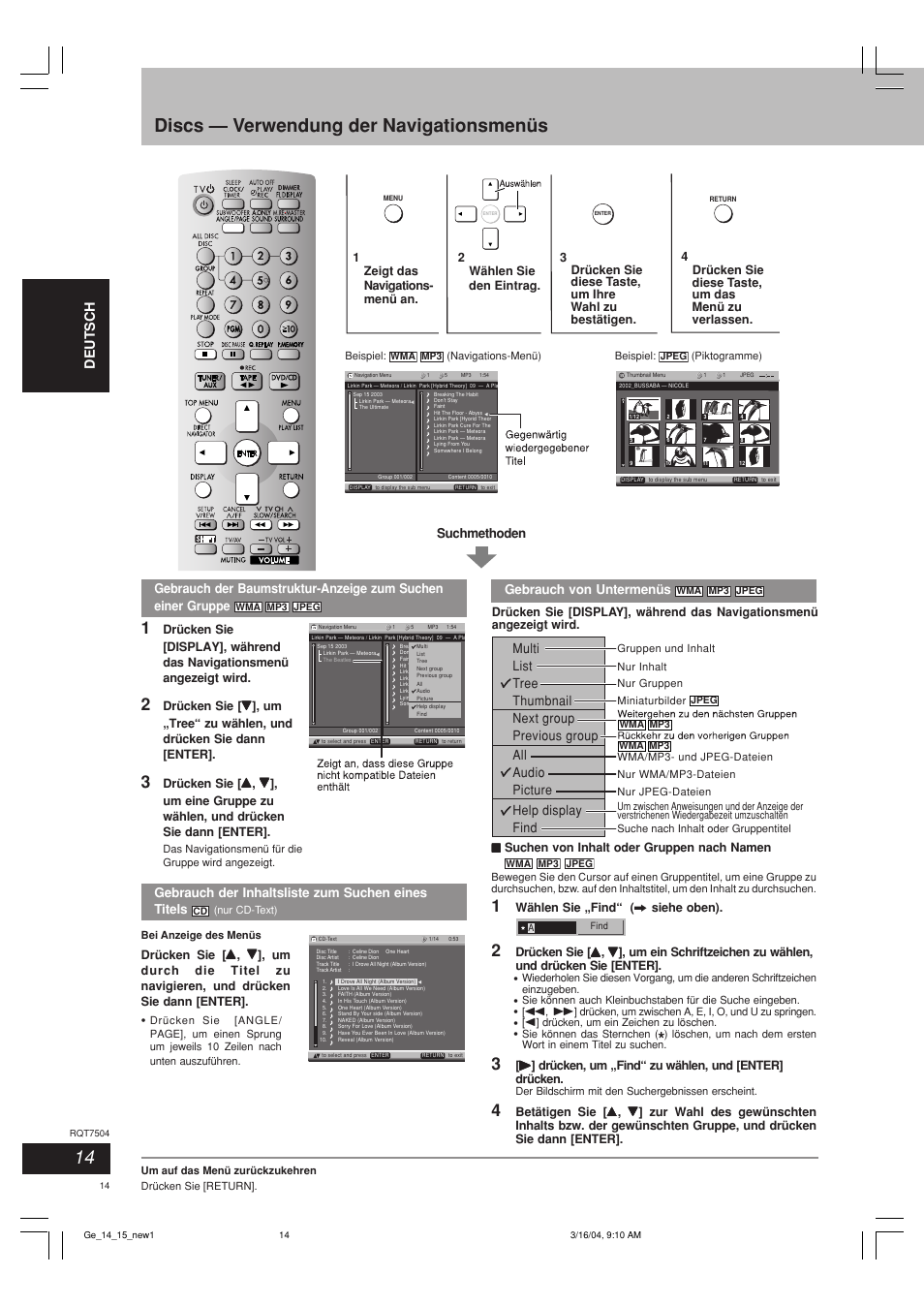 Discs — verwendung der navigationsmenüs, Deutsch it aliano français | Panasonic SCPM39D User Manual | Page 14 / 104