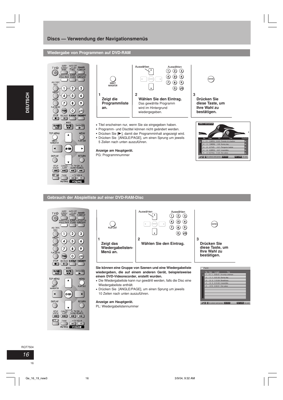 Discs — verwendung der navigationsmenüs, Deutsch it aliano français, Gebrauch der abspielliste auf einer dvd-ram-disc | Wiedergabe von programmen auf dvd-ram | Panasonic SCPM39D User Manual | Page 16 / 104
