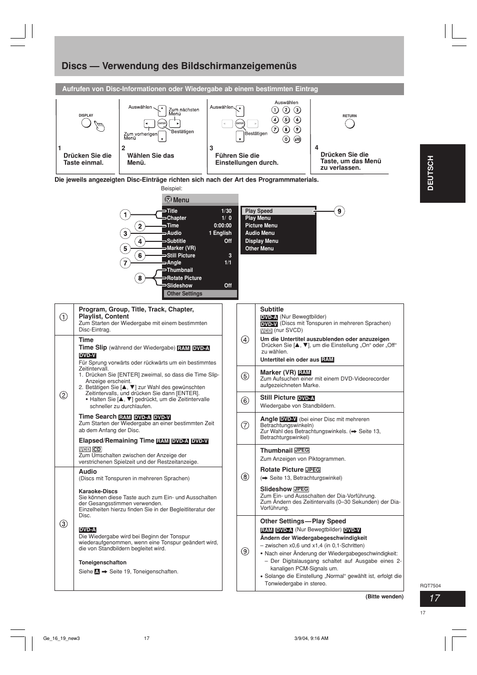 Discs — verwendung des bildschirmanzeigemenüs | Panasonic SCPM39D User Manual | Page 17 / 104