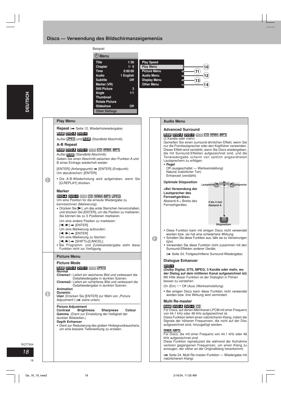 Discs — verwendung des bildschirmanzeigemenüs | Panasonic SCPM39D User Manual | Page 18 / 104