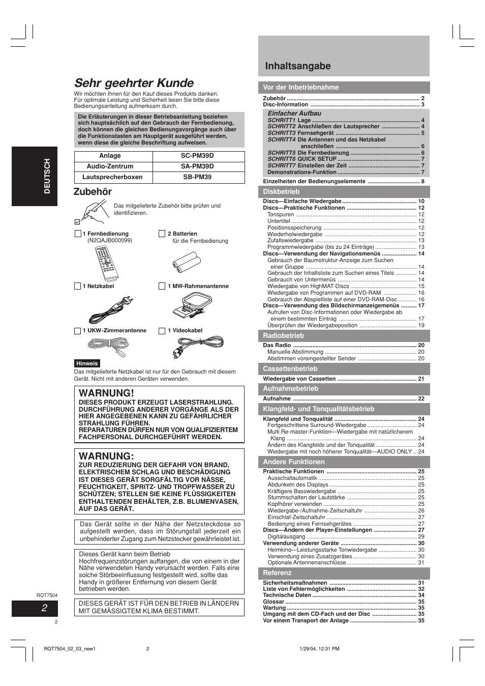 Sehr geehrter kunde, Inhaltsangabe, Zubehör | Warnung | Panasonic SCPM39D User Manual | Page 2 / 104