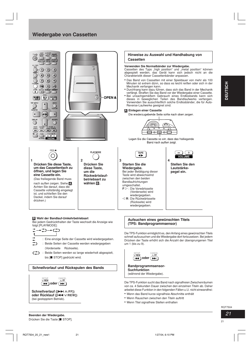 Wiedergabe von cassetten | Panasonic SCPM39D User Manual | Page 21 / 104