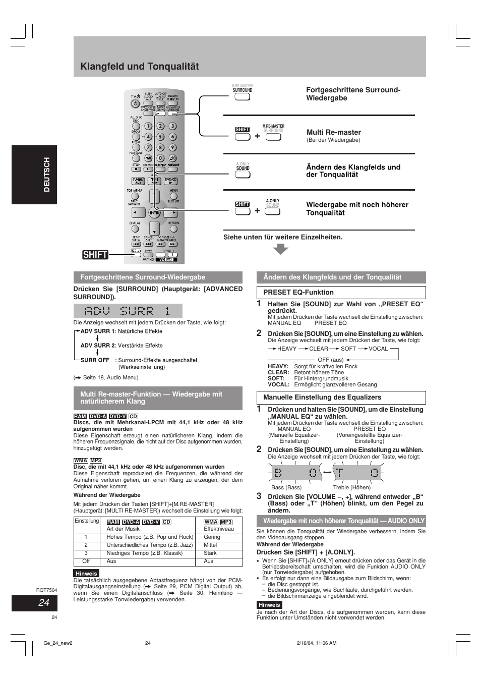 Klangfeld und tonqualität, Shift | Panasonic SCPM39D User Manual | Page 24 / 104