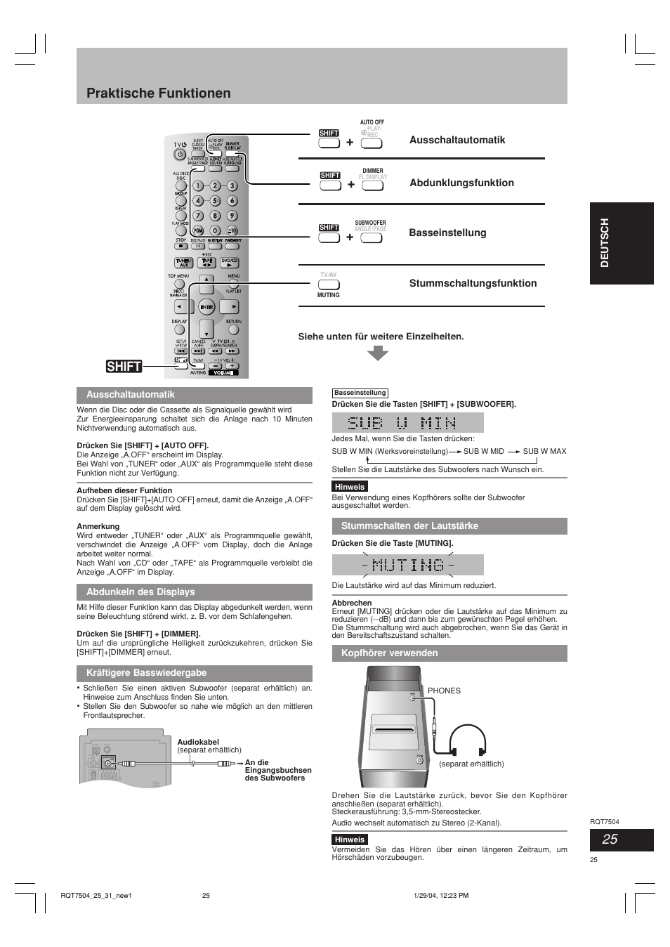 Praktische funktionen, Shift, Deutsch it aliano français | Ausschaltautomatik, Abdunkeln des displays, Kräftigere basswiedergabe, Stummschalten der lautstärke, Kopfhörer verwenden | Panasonic SCPM39D User Manual | Page 25 / 104