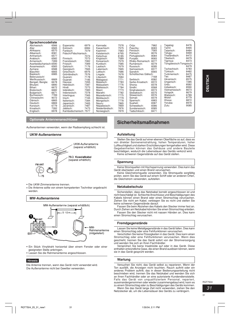 Sicherheitsmaßnahmen, Deutsch it aliano français | Panasonic SCPM39D User Manual | Page 31 / 104