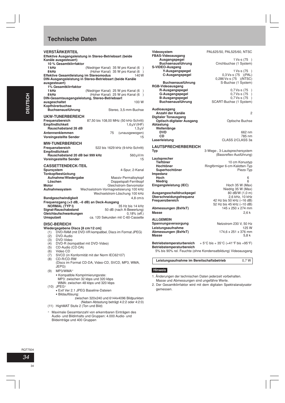Technische daten | Panasonic SCPM39D User Manual | Page 34 / 104