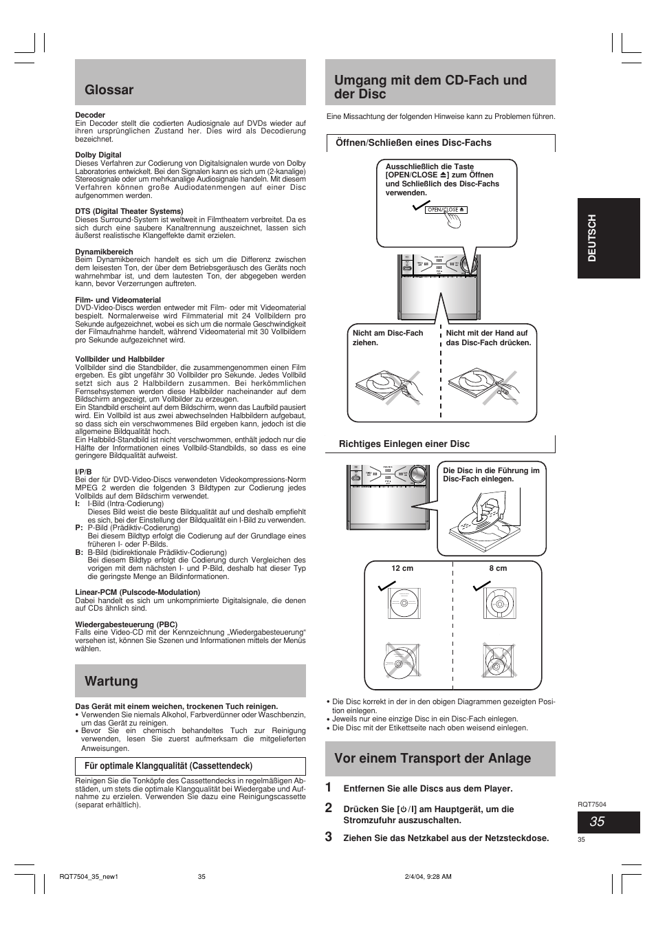 Umgang mit dem cd-fach und der disc, Glossar wartung, Vor einem transport der anlage 1 | Panasonic SCPM39D User Manual | Page 35 / 104