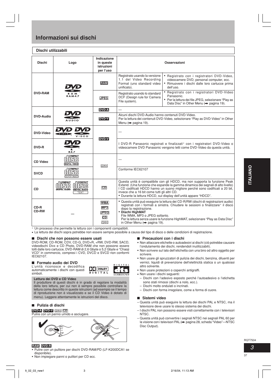 Informazioni sui dischi | Panasonic SCPM39D User Manual | Page 37 / 104