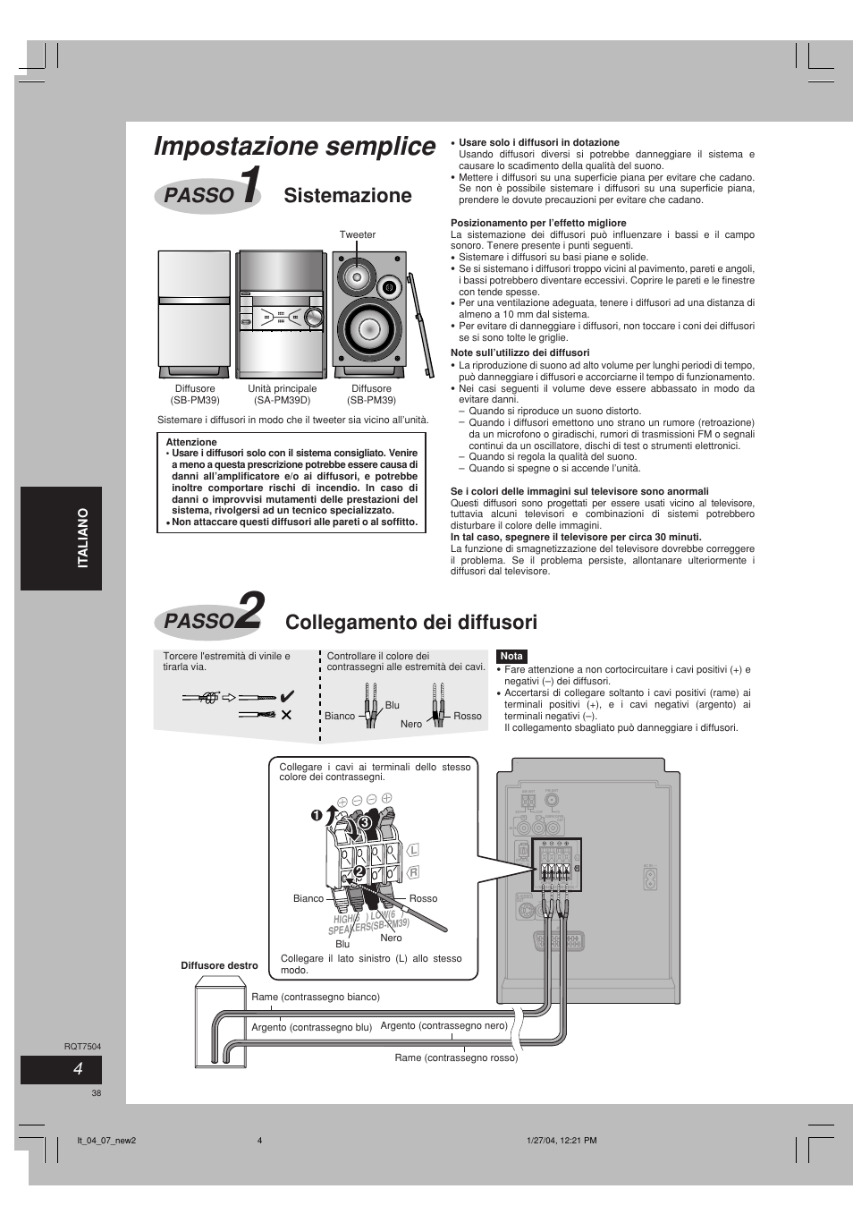 Impostazione semplice, Sistemazione, Collegamento dei diffusori passo | Passo | Panasonic SCPM39D User Manual | Page 38 / 104