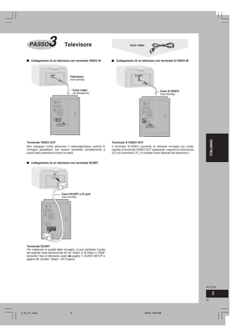 Televisore passo, It aliano, Collegamento di un televisore con terminale scart | Panasonic SCPM39D User Manual | Page 39 / 104