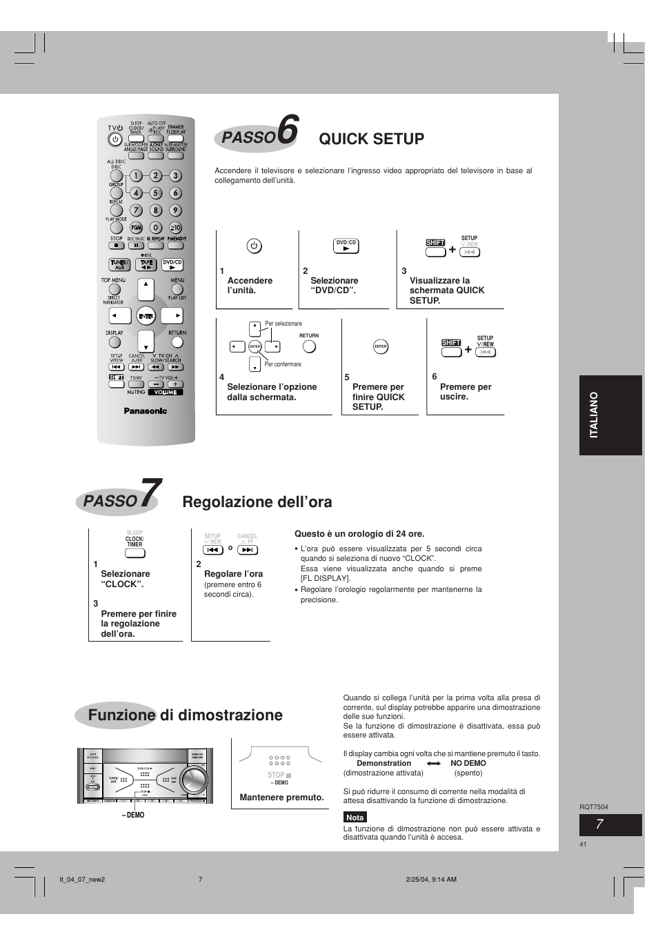 Funzione di dimostrazione, Quick setup passo, Regolazione dell’ora passo | Panasonic SCPM39D User Manual | Page 41 / 104