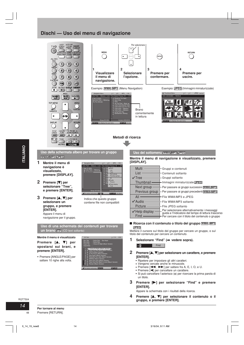 Dischi — uso dei menu di navigazione, It aliano français | Panasonic SCPM39D User Manual | Page 48 / 104