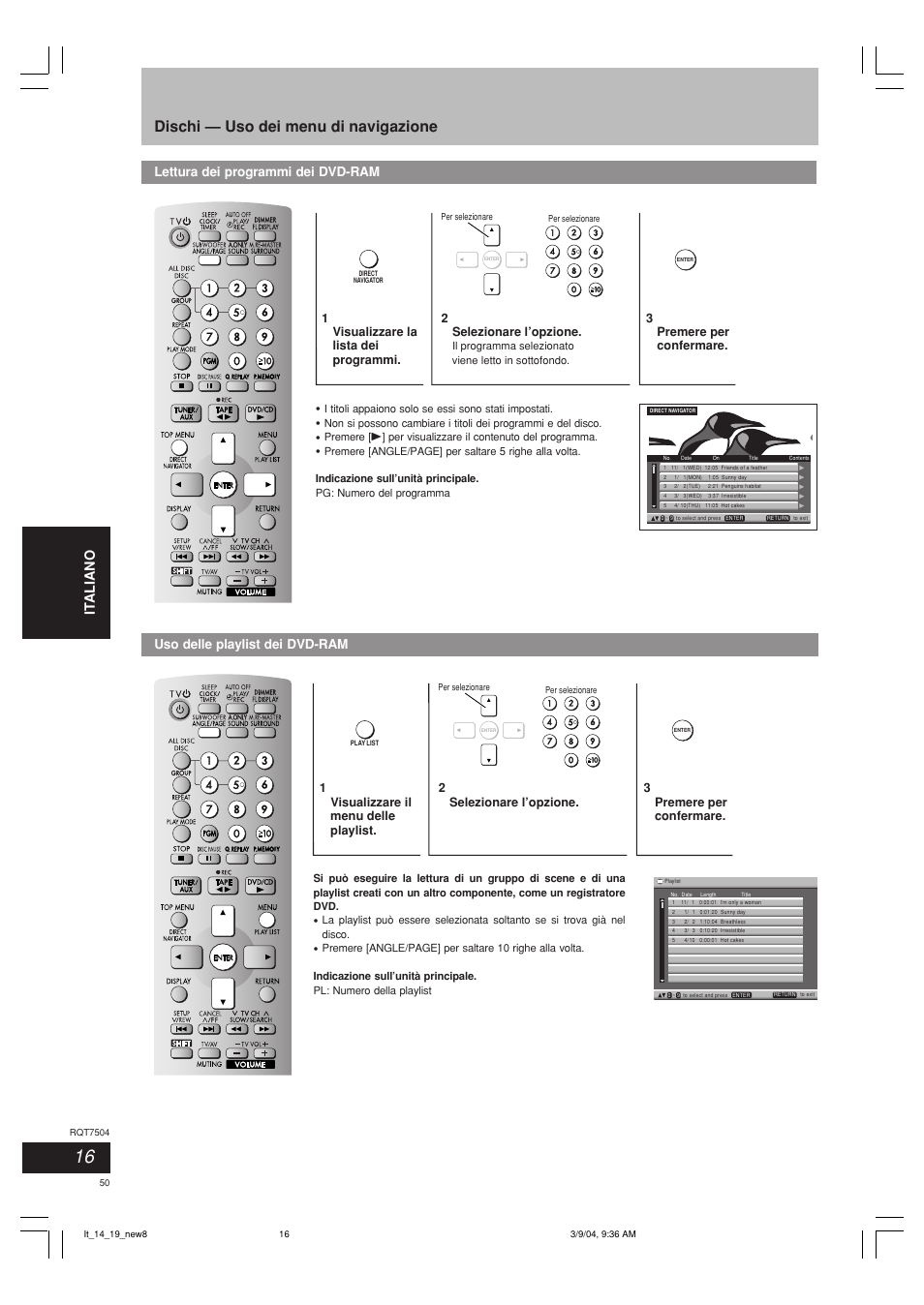 Dischi — uso dei menu di navigazione, It aliano français, Uso delle playlist dei dvd-ram | Lettura dei programmi dei dvd-ram | Panasonic SCPM39D User Manual | Page 50 / 104
