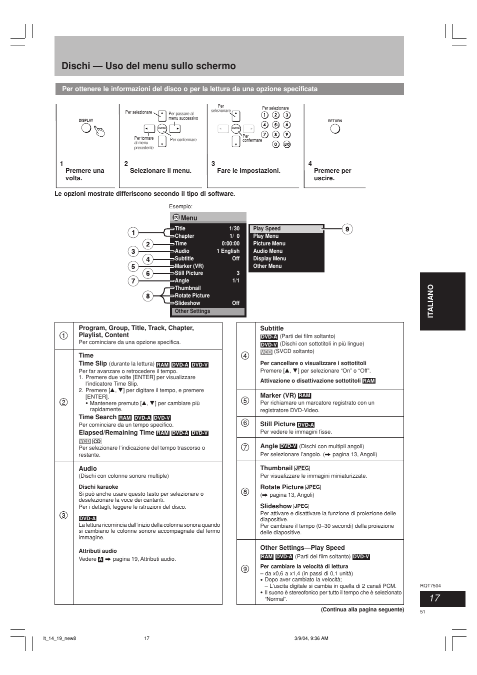 Dischi — uso del menu sullo schermo | Panasonic SCPM39D User Manual | Page 51 / 104