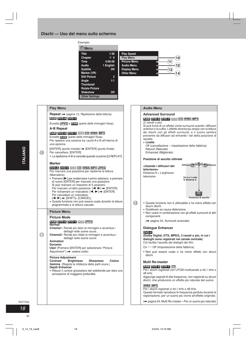 Dischi — uso del menu sullo schermo | Panasonic SCPM39D User Manual | Page 52 / 104