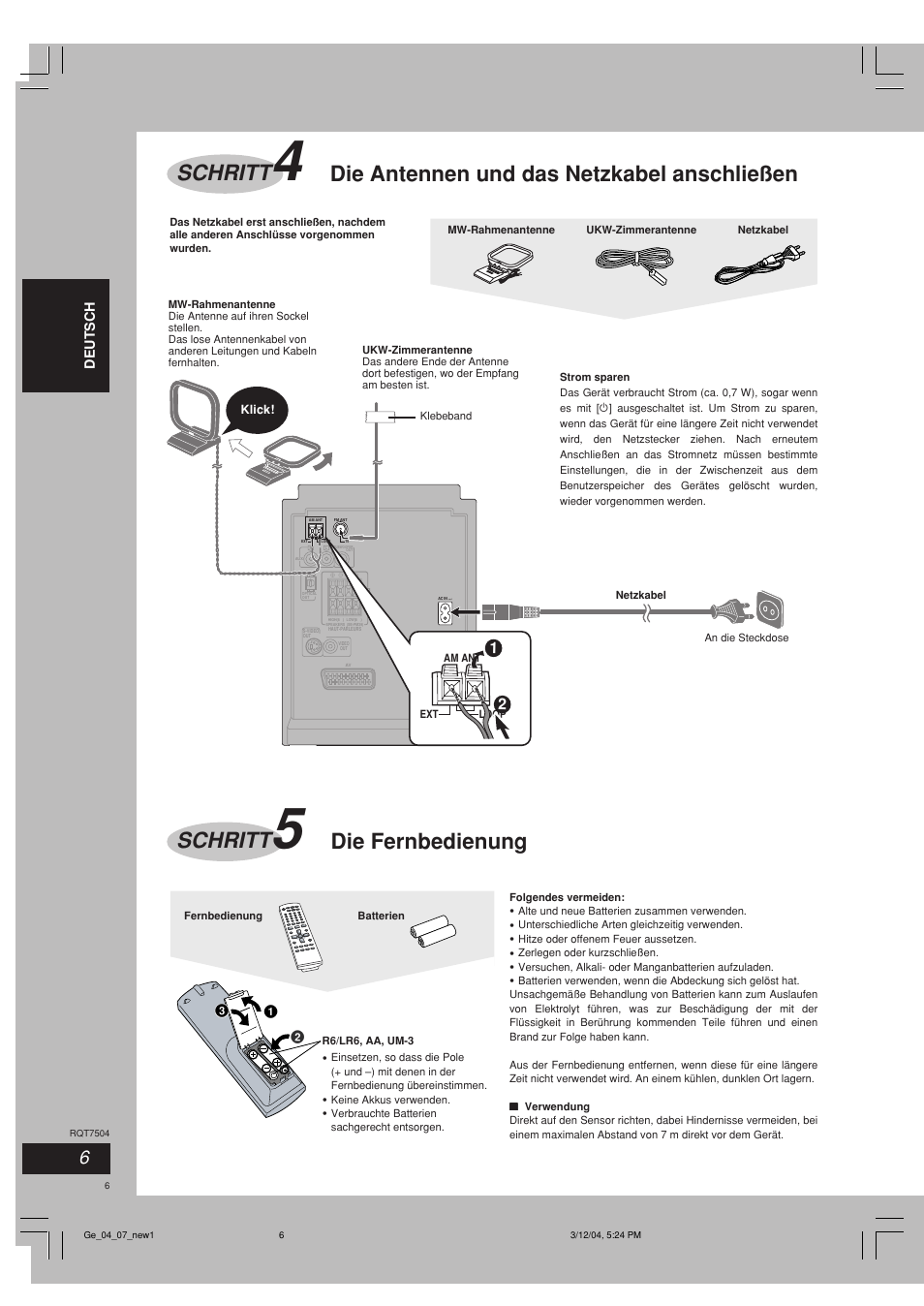 Die antennen und das netzkabel anschließen schritt, Die fernbedienung schritt | Panasonic SCPM39D User Manual | Page 6 / 104