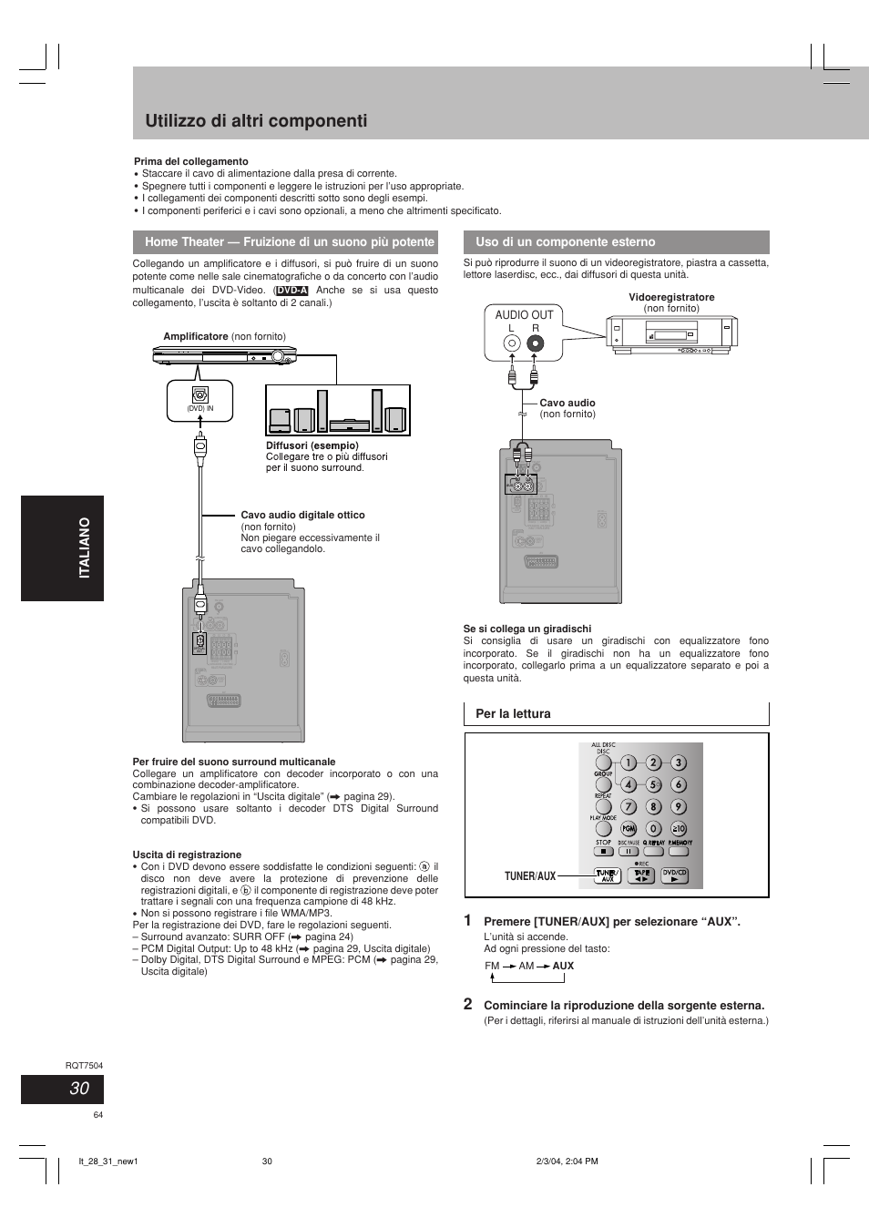 Utilizzo di altri componenti, It aliano fran ç ais, Volume | Home theater — fruizione di un suono più potente, Uso di un componente esterno, Per la lettura, Audio out, Tuner/aux, Premere [tuner/aux] per selezionare “aux, Cominciare la riproduzione della sorgente esterna | Panasonic SCPM39D User Manual | Page 64 / 104