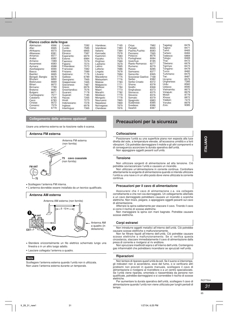 Precauzioni per la sicurezza, It aliano français | Panasonic SCPM39D User Manual | Page 65 / 104