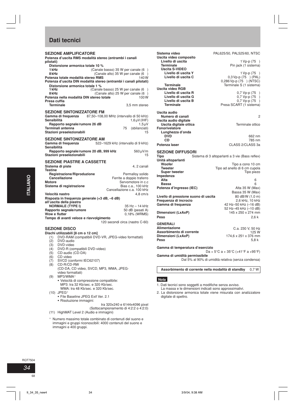 Dati tecnici | Panasonic SCPM39D User Manual | Page 68 / 104