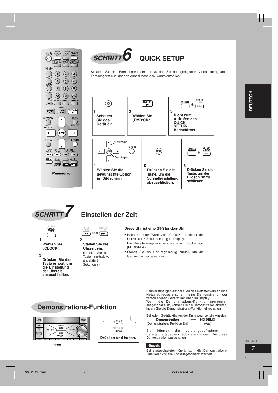 Demonstrations-funktion, Quick setup schritt, Einstellen der zeit schritt | Panasonic SCPM39D User Manual | Page 7 / 104