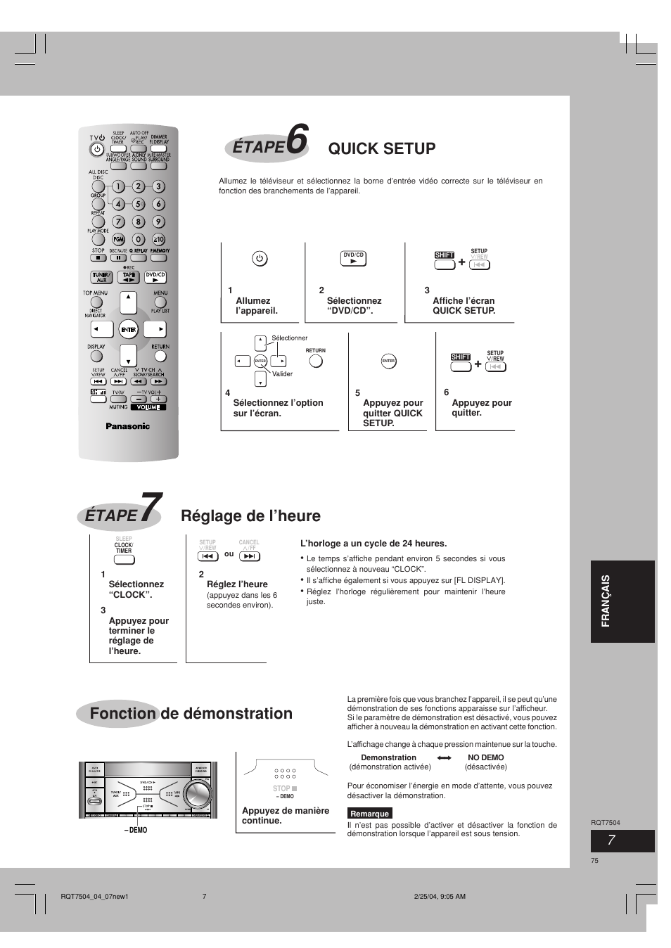 Fonction de démonstration, Quick setup étape, Réglage de l’heure étape | Panasonic SCPM39D User Manual | Page 75 / 104