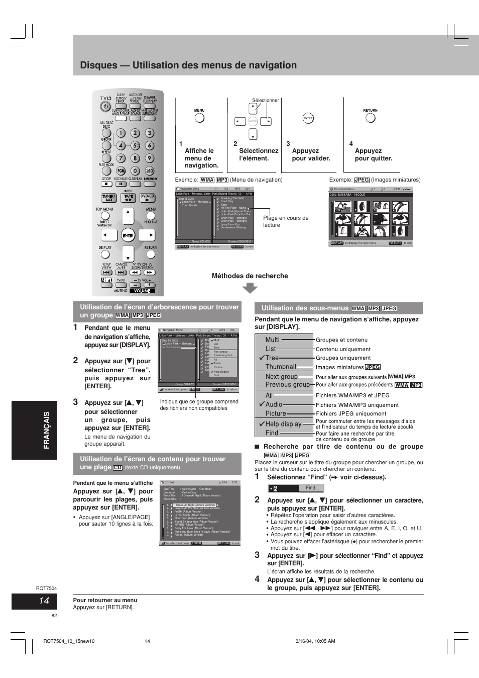 Disques — utilisation des menus de navigation, Deutsch it aliano français | Panasonic SCPM39D User Manual | Page 82 / 104
